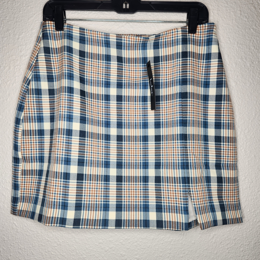 Lulu's White and Blue Mini Pencil Skirt with Slit Womens Size Large NWT